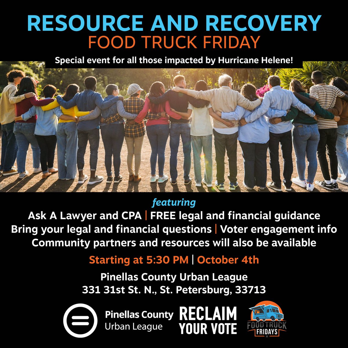 Grab a hot meal, get FREE legal advice and connected to resources:

🗓️ TODAY (10/4)

⏰ 5:30 PM

📍Urban League (331 31st St N, St. Pete)

Remember, PSTA is FREE to ride right now in St. Pete! The Urban League is nearby several major routes &amp; the Grand Central bus terminal.