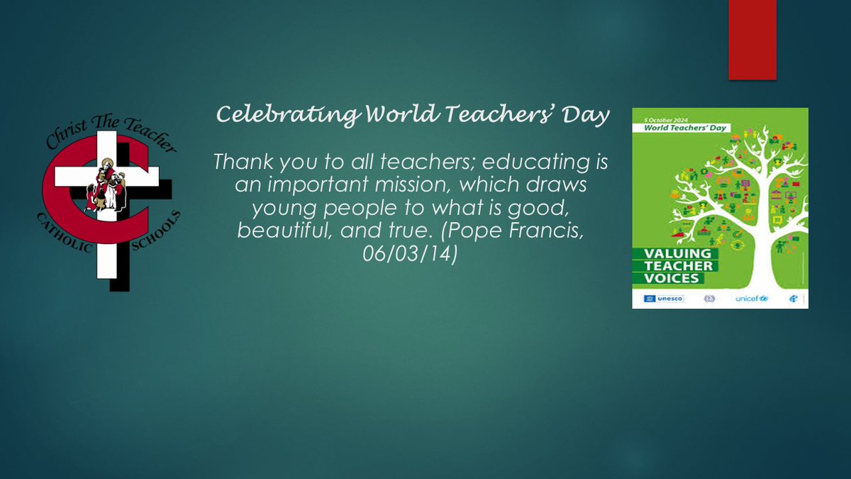 World Teachers' Day is celebrated annually on Oct. 5. We join in celebrating &amp; thanking all <a href="/CTTCS_212/">Christ The Teacher</a> teachers for their dedication to the vocation of teaching. #CatholicEdSK
