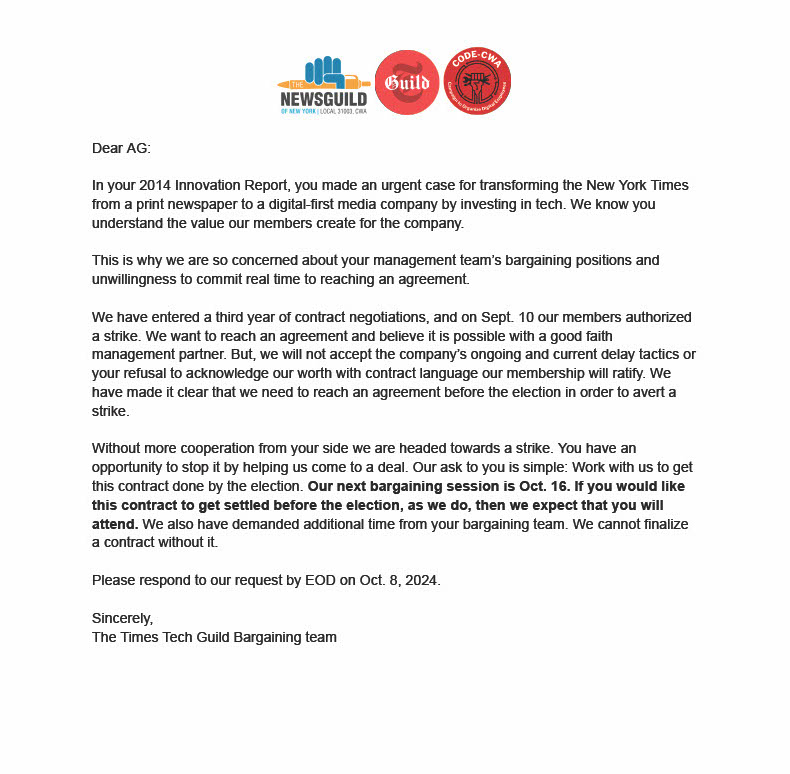 BARGAIN NOW: Yesterday we sent a letter to @NYTimes publisher AG Sulzberger <a href="/AGSNYT/">A.G. Sulzberger</a> with a simple request: Bargain NOW to avoid this strike. Read more here.