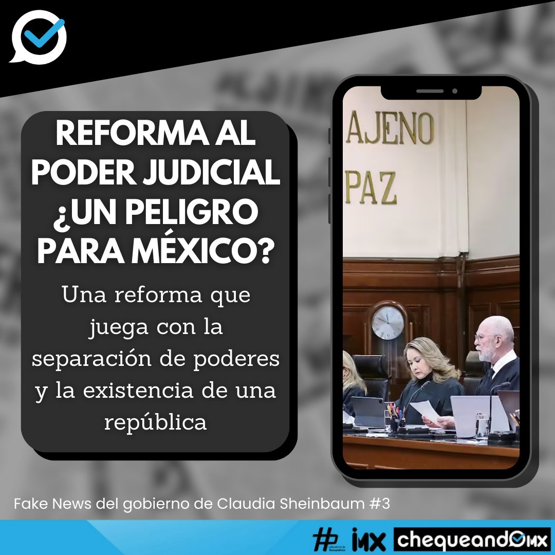 ChequeandoMx's tweet photo. 📌¿Es cierto que la #ReformaAlPoderJudicial es un peligro para la república y división de poderes? 📰 

Mira el análisis que hizo el equipo de #ChequeandoMx

#FakeNews #Noticia #Desmentir #Informacion https://t.co/etzUUtg8zu