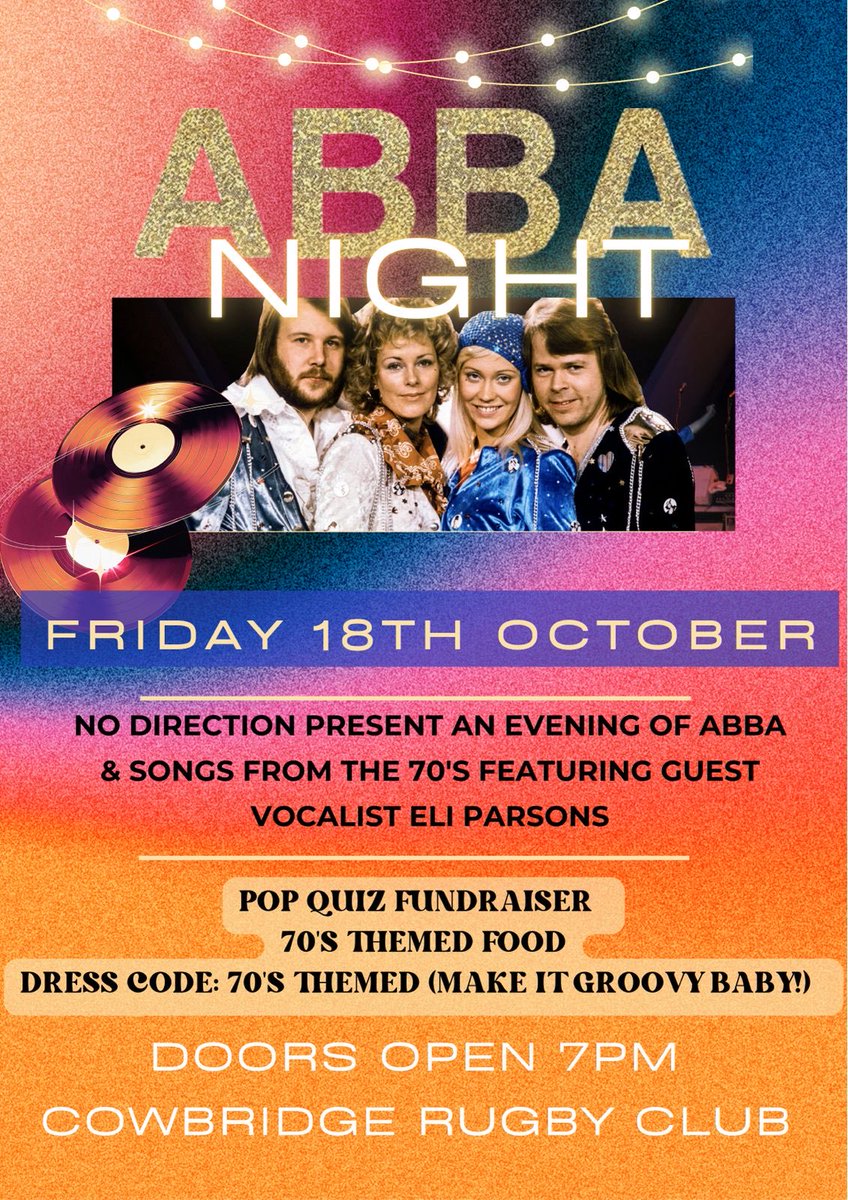 Calling all Dancing Queens &amp; Super Troupers. Don’t let this fab night of live music slip through your fingers. 70’s snacks and a fundraising pop quiz - The Winner takes it all. #IdoIdoIdo…