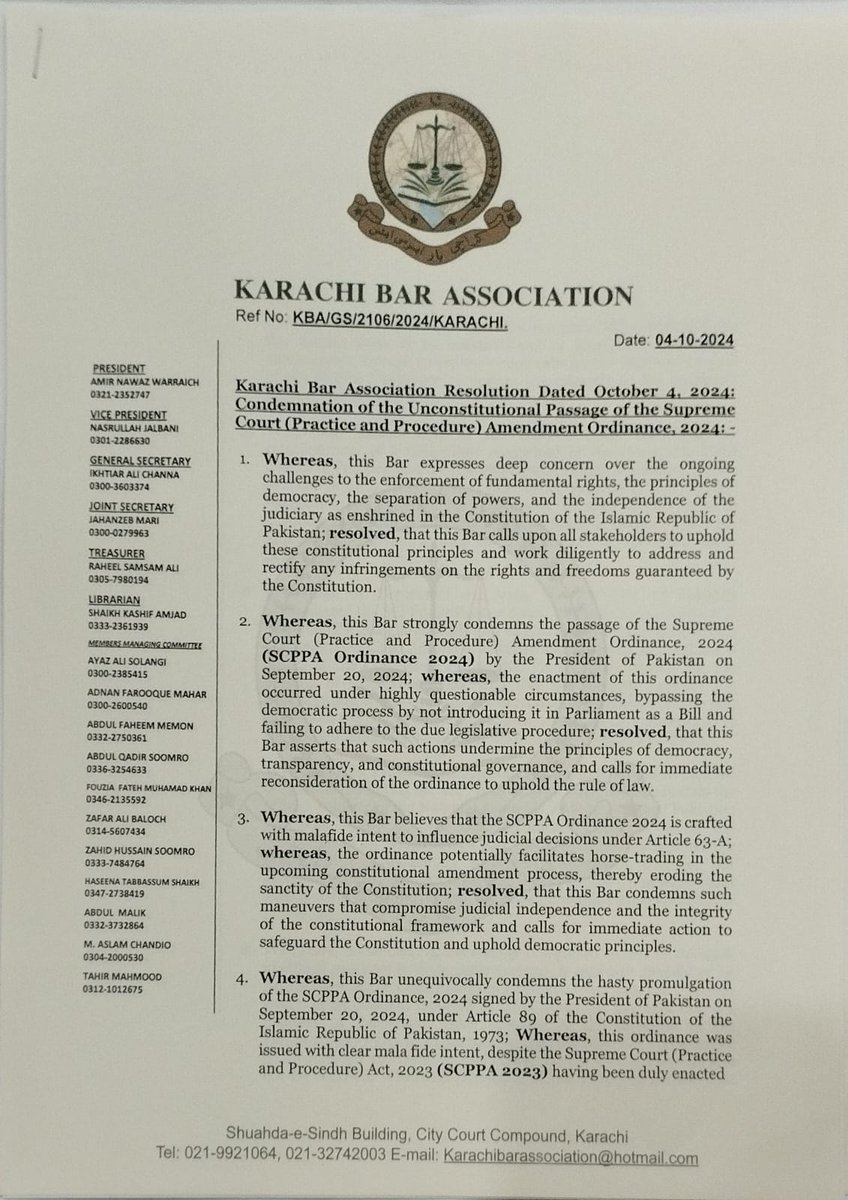 HasnaatMalik's tweet photo. Karachi Bar Association has  disapproved amendments in SC Practice and Procedure Act 2023 through ordinance &amp; demanded CJP Isa to summon a full court meeting. KBA opposes the timing &amp; manner in which judgement regarding Article 63A was reversed as it is allowing horse trading. https://t.co/nMs3s2dXr5