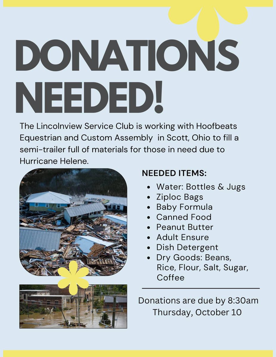Lancer community, we need your help! 

Items can be dropped off in the High School lobby and are due by 8:30am Thursday, October 10th.

Lets come together and help those in need!