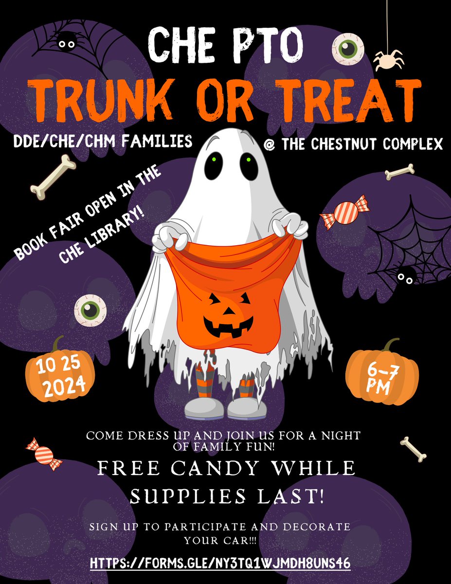 DDE/CHE/CHM Families!

 Mark your calendars and join us for our Annual Trunk or Treat PTO Event Oct 25th from 6-7pm!

 FREE CANDY while supplies last!

 Book Fair will be open in the CHE Library