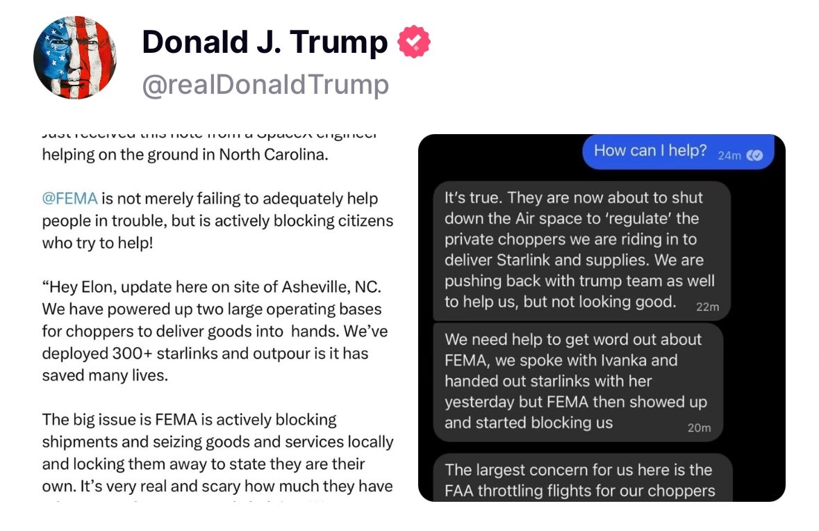 TONYxTWO's tweet image. TRUMP JUST POSTED THIS!!! 

“We need help to get word out about
FEMA, we spoke with Ivanka and handed out starlinks with her yesterday but FEMA then showed up and started blocking us”

🚨🚨🚨🚨