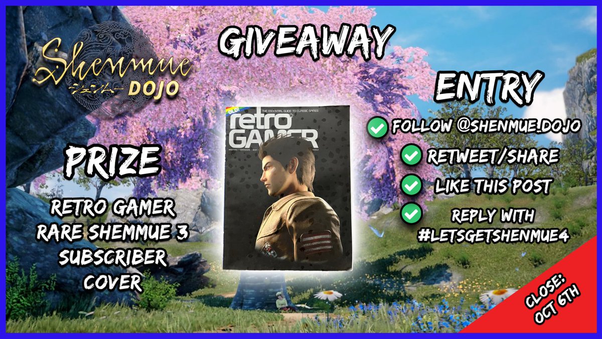 GIVEAWAY!

We have a hugely rare  Subscribers cover of <a href="/RetroGamer_Mag/">Retro Gamer</a> with Ryo on the front to giveaway to one lucky winner!

To enter:
🔄Retweet this post
✅Follow @Shenmue_dojo
❤️️Like this post. 
✅Reply using #LetsGetShenmue4

CLOSE: October 6th

#ShenmueAnime2