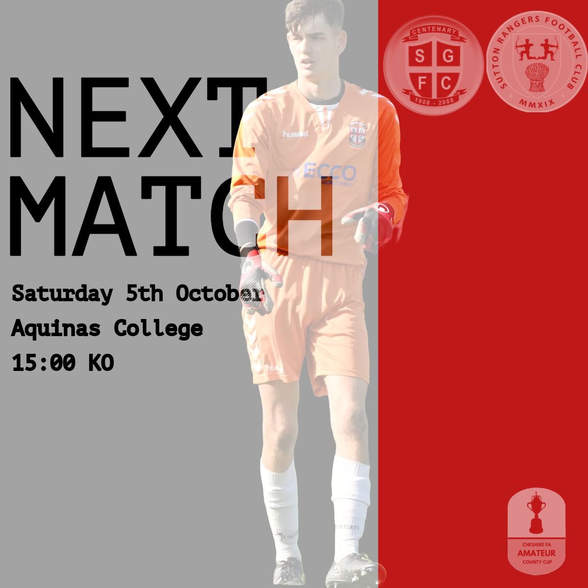 𝗧𝗛𝗜𝗦 𝗪𝗘𝗘𝗞𝗘𝗡𝗗

Cheshire Cup weekend as we host @SuttonRangers_ in the second round. 

*Change in venue to Aquinas College*

🆚@SuttonRangers_
🏟️Aquinas College, Stockport, SK2 6TH
⏰15:00
🏆Cheshire Amateur Cup