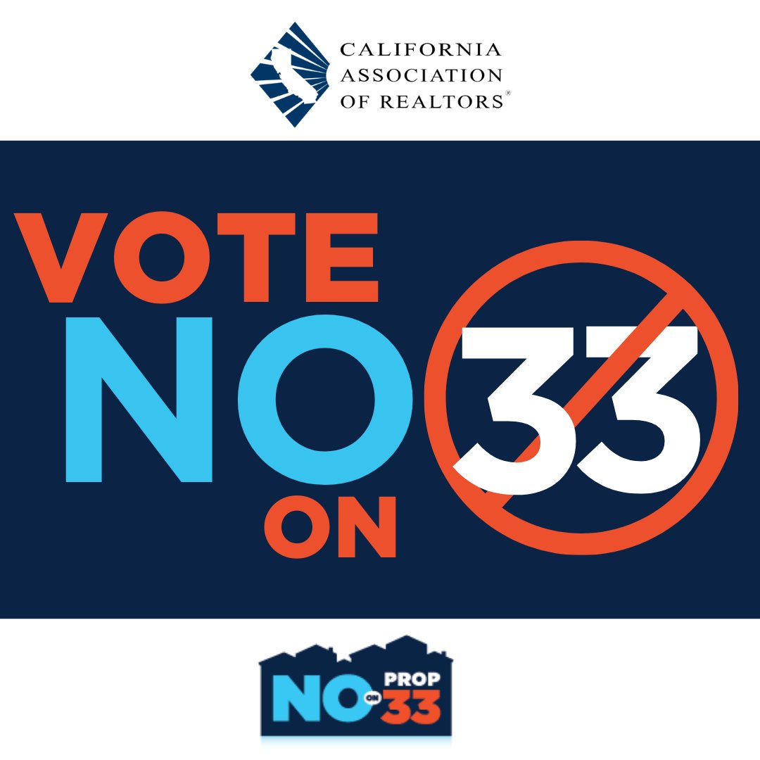 Prop 33 = more rent control and fewer housing choices. Vote NO on Prop 33! #NoOn33 #KeepHousingAffordable #NoExtremeRentControl