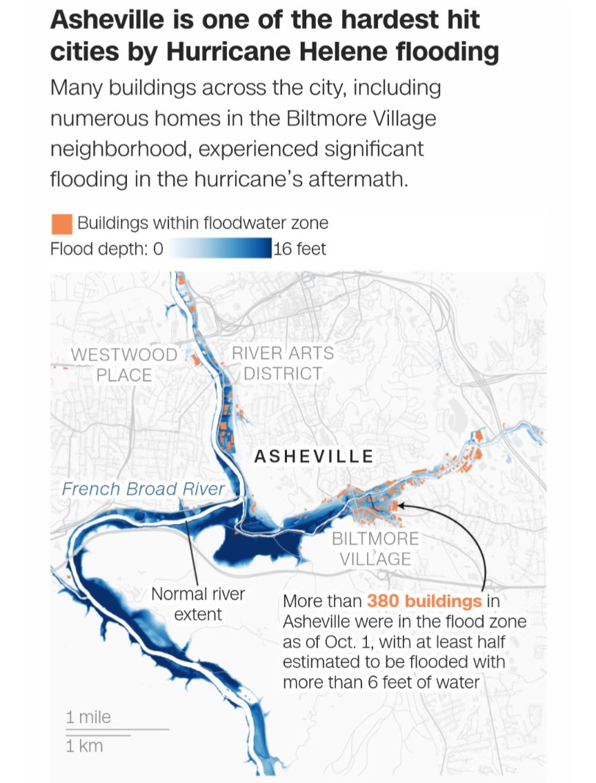 The depth and extent of flooding in Asheville this week is really extraordinary. Map by me! cnn.com/2024/10/04/us/…