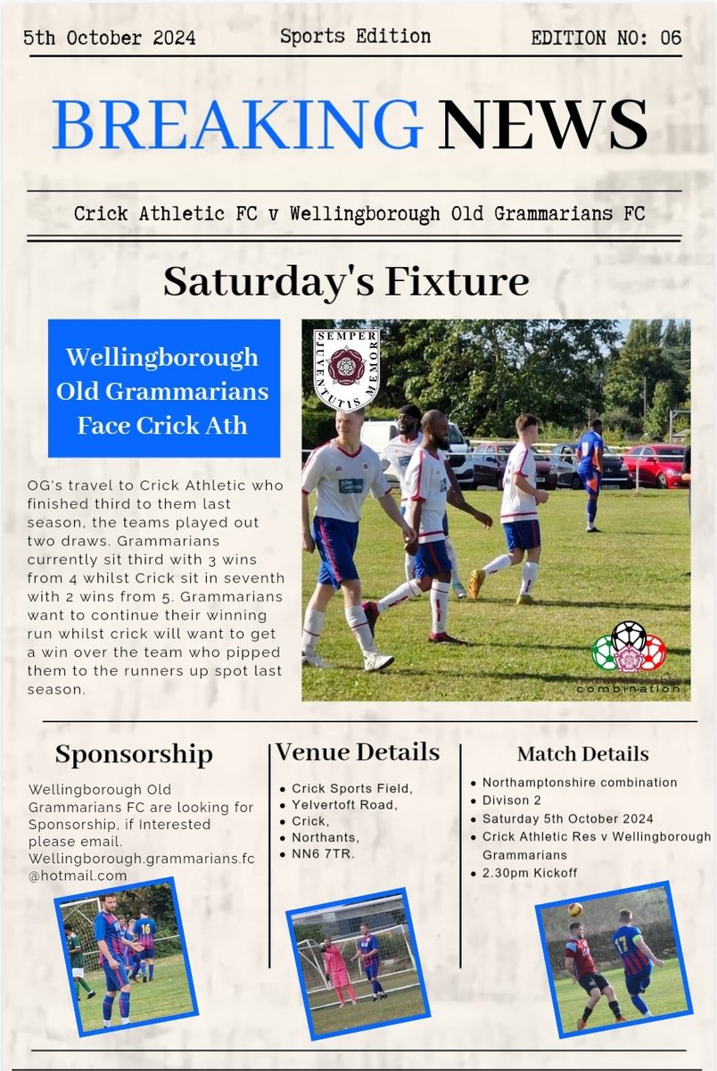 Saturday 5th October 2024
2.30pm ko

Crick Ath Res v Wellingborough Grammarians.

Crick Sports Field, Yelvertoft Road, Crick, Northants, NN6 7TR.
