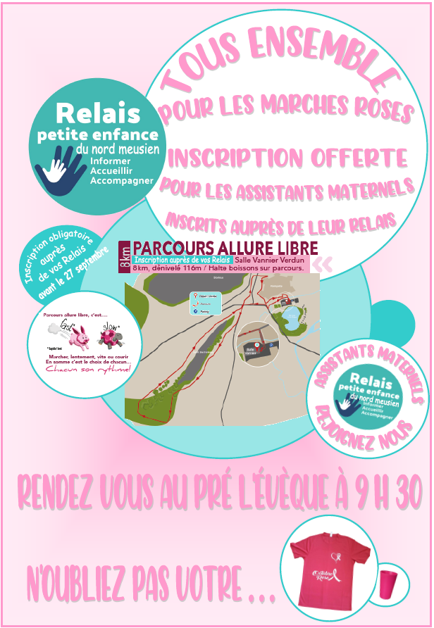 🎀 Octobre Rose🩷
Mobilisons nous pour la lutte du cancer du sein. Sensibilisons les femmes à se faire dépister.
Marche rose du Rotary Club de Verdun à Clermont en Argonne le dimanche 6 octobre
Samedi 13 octobre, marche rose aux côtés des relais petite enfance du nord meusien.