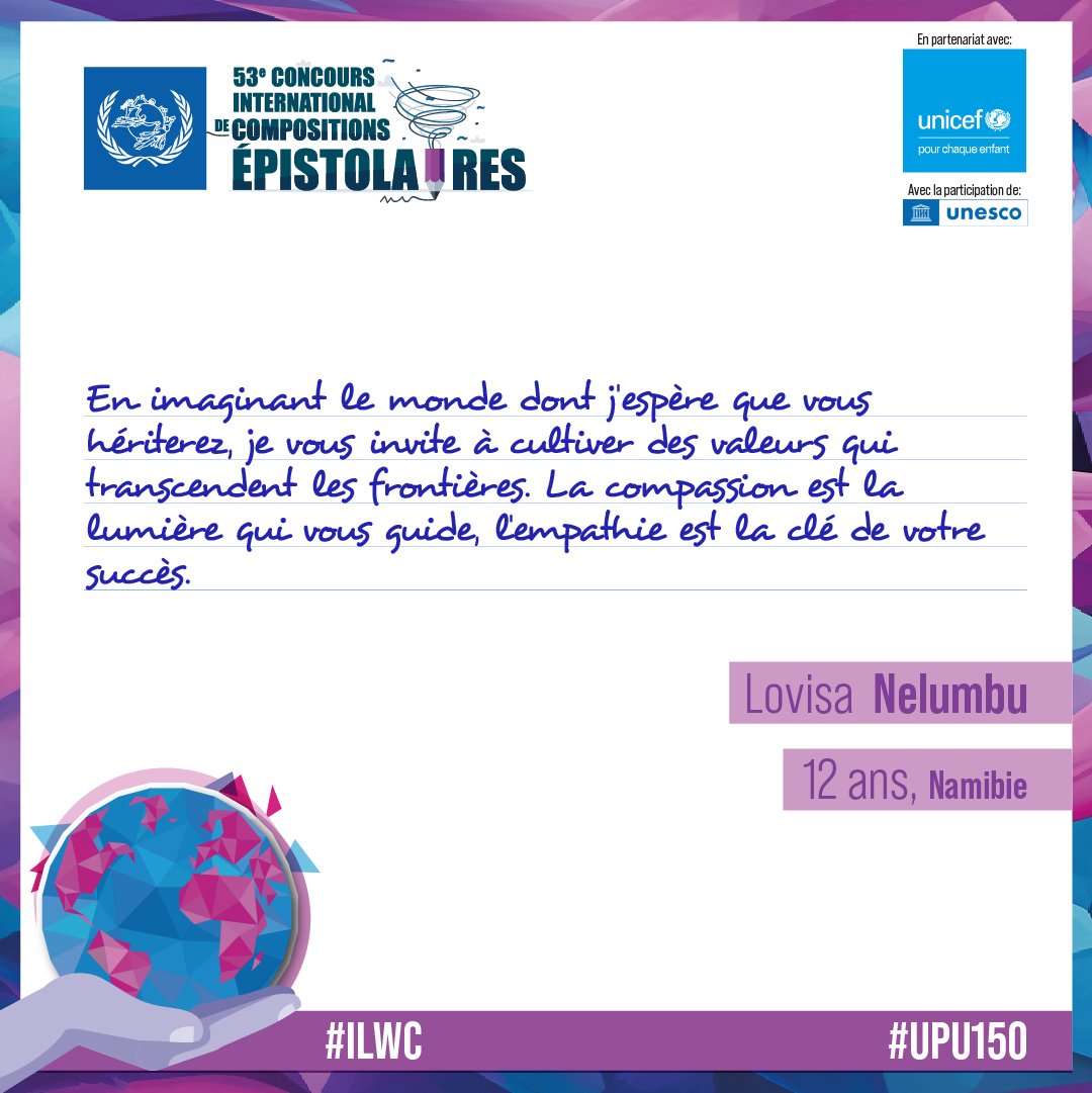 upu_onu's tweet image. Une #LettrePourlAvenir✍… de la #Namibie🇳🇦

Lovisa Nelumbu, 12 ans, imagine un avenir façonné par des valeurs intemporelles : la compassion, l'empathie et la sagesse.

#ILWC #SommetDelAvenir

bit.ly/3x4nmOl