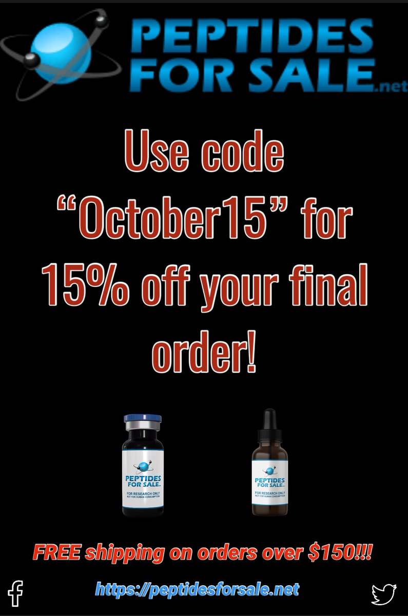 It’s October! 👻 
Let’s have a sale! 👍🏼

Use the code “October15” at checkout for 15% off your final order! Sale ends Sunday night Oct 6th @ 11:59PM EST! ⏳

peptidesforsale.net 🕸️

#USApeptides #semaglutide #wheretobuypeptides #research #peptides #USA #qualitypeptides