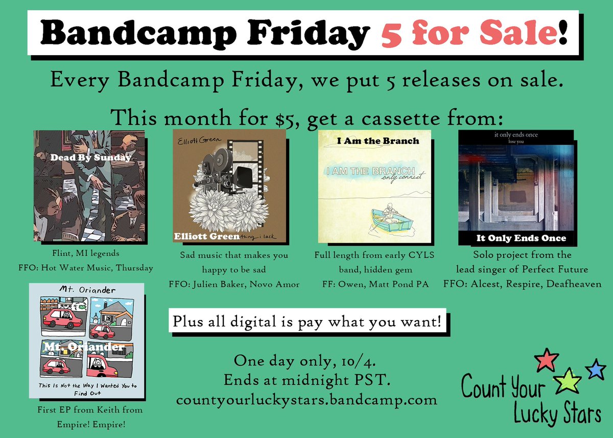 Count Your Lucky Stars Records (@cylsrecords) on Twitter photo Bandcamp Friday! 5 cassettes for $5 each, all digital is name your price: countyourluckystars.bandcamp.com
Digital stuff you might like: <a href="/thankyouimsry/">thank you, im sorry 💌</a> <a href="/expert_timing/">who is expert timing?</a> <a href="/PartingBand/">Parting</a> <a href="/annabelohio/">Annabel</a> <a href="/DrunkUncleATX/">Drunk Uncle</a> <a href="/JoieDeVivreBand/">Joie De Vivre</a> <a href="/SuperdownMA/">SuperdownMA</a> @snowingtheband <a href="/tinyblueghost/">Tiny Blue Ghost "Between the Botanicals" out NOW ✨</a> <a href="/star_funeral/">Star Funeral</a> Bandcamp Friday! 5 cassettes for $5 each, all digital is name your price: countyourluckystars.bandcamp.com
Digital stuff you might like: <a href="/thankyouimsry/">thank you, im sorry 💌</a> <a href="/expert_timing/">who is expert timing?</a> <a href="/PartingBand/">Parting</a> <a href="/annabelohio/">Annabel</a> <a href="/DrunkUncleATX/">Drunk Uncle</a> <a href="/JoieDeVivreBand/">Joie De Vivre</a> <a href="/SuperdownMA/">SuperdownMA</a> @snowingtheband <a href="/tinyblueghost/">Tiny Blue Ghost "Between the Botanicals" out NOW ✨</a> <a href="/star_funeral/">Star Funeral</a>