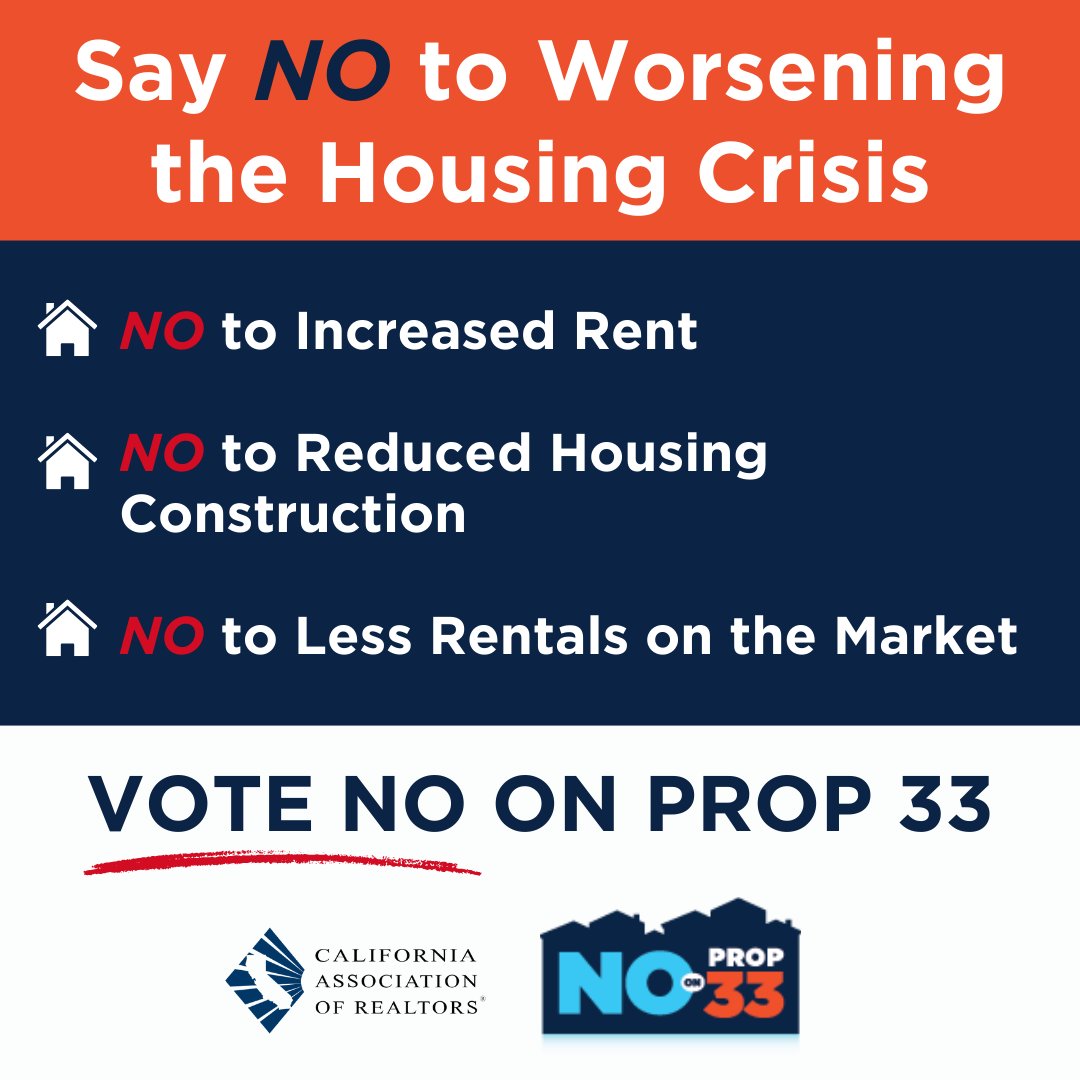 Voting NO on Prop 33 means defending property rights and keeping housing accessible for everyone. Don't let harmful policies undermine our progress. #NoOn33 #NoExtremeRentControl #KeepHomesAffordable