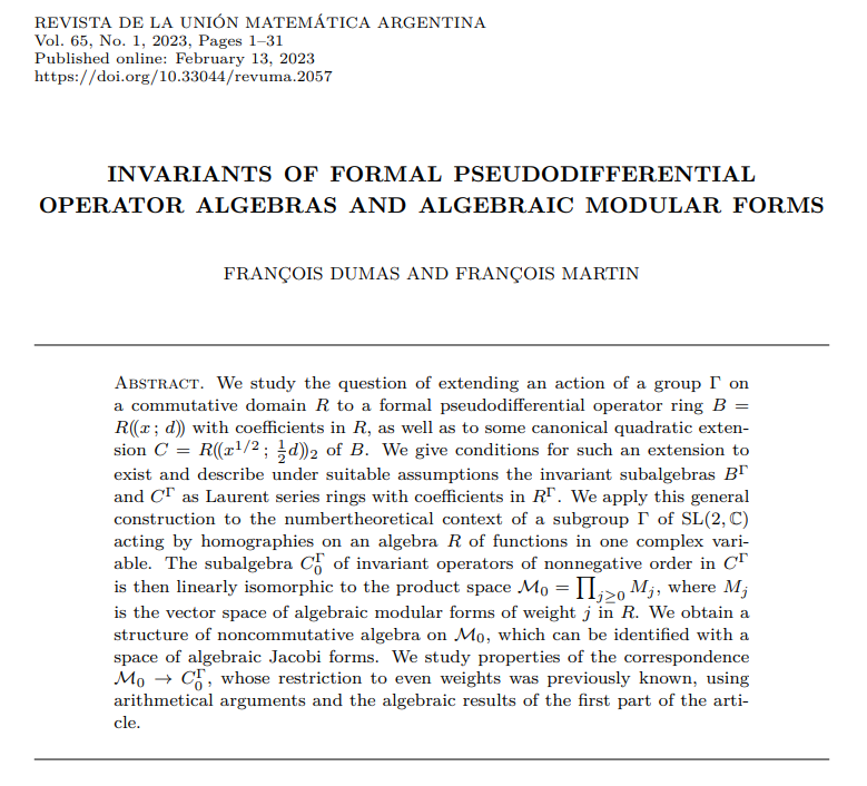 RevUMA36's tweet photo. Contratulations to authors François Dumas and François Martin on winning the 2024 RevUMA Best Paper Prize Award for their article "Invariants of formal pseudodifferential operator algebras and algebraic modular forms". DOI: https://t.co/7339JqT5nD https://t.co/Vj6gV1GaZG