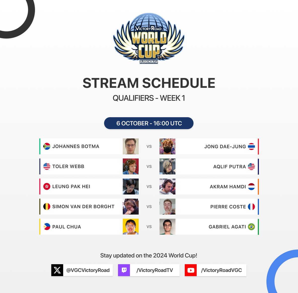This Sunday we go live with the first streamed matches of the 2024 World Cup of VGC! 🚀

🗓️ Sunday 6 October
🕓 16:00 UTC

🎙️ <a href="/JoeUX9/">Joseph Ugarte</a> <a href="/Shonatron_/">Shona</a> @SilverThowra <a href="/TyrantVGC/">Tyrant</a>
🟣 twitch.tv/victoryroadtv