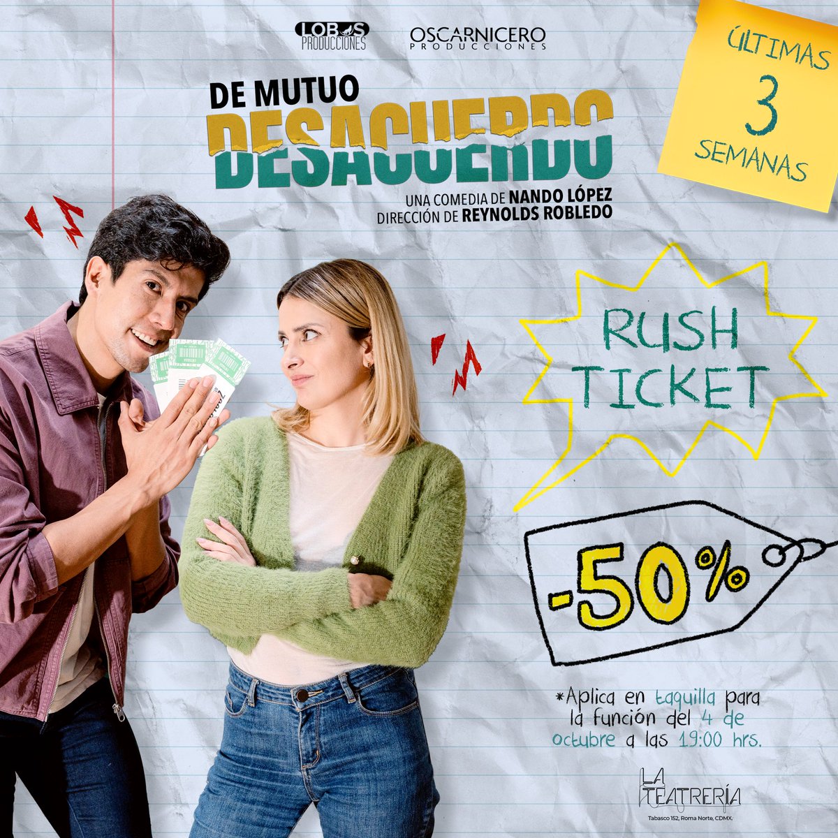 ¿Se puede convivir con un ex sin tener el impulso de pelear cada cinco segundos?🤔

Descúbrelo en #DeMutuoDesacuerdo 💥

¡Últimas funciones! 
🗓️Viernes
⏰19:00 y 20:45 hrs
🎟️Promoción válida para la función de las 19 hrs en taquilla