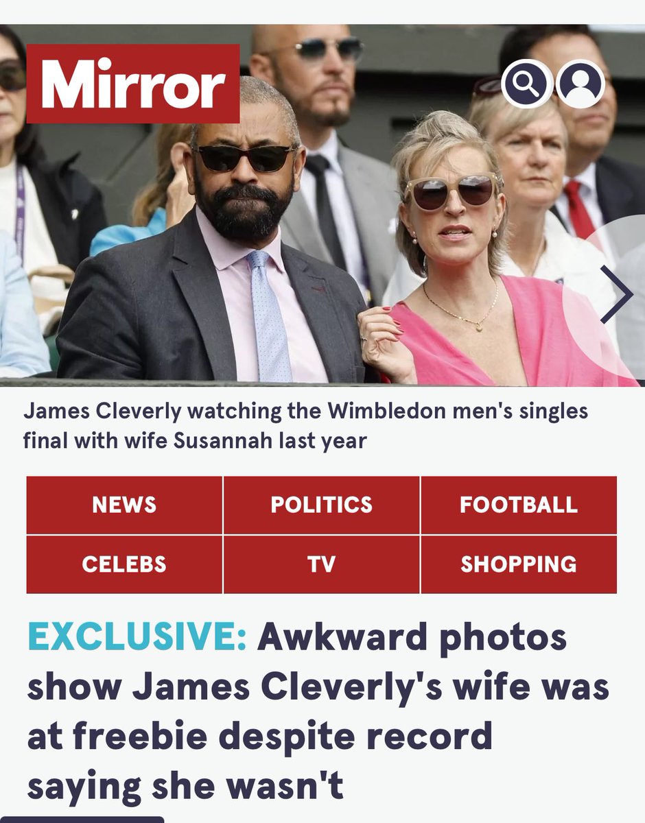 JerryHicksUnite's tweet image. Ooops, he just forgot, probably? #ToryCorruption

Awkward photos show James Cleverly's wife was at Wimbledon freebie - despite record saying she wasn't