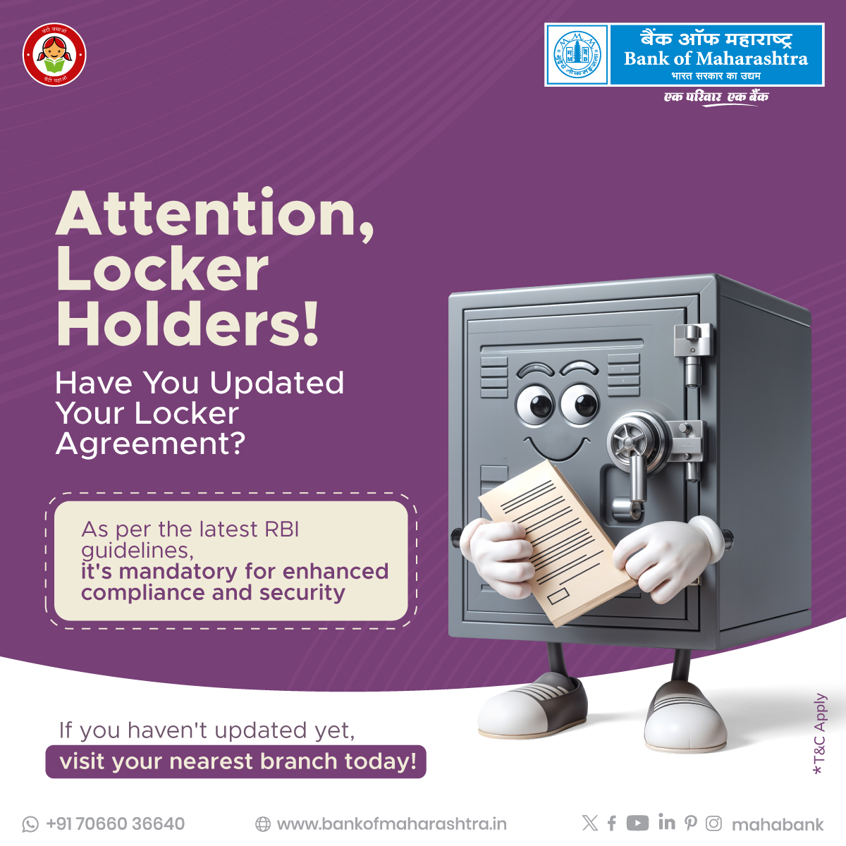 mahabank's tweet image. Ensure your security and compliance by updating your locker agreement as per the latest RBI guidelines. For enhanced safety, it's mandatory to keep your records up-to-date. Haven’t updated yet? Visit your nearest Mahabank branch today!

#LockerAgreement #RBIGuidelines #BoMTurns90
