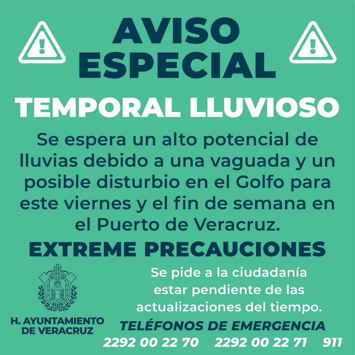 AyuntamientoVer's tweet photo. ⚠️AVISO ESPECIAL⚠️ Se pronostica un alto potencial de lluvias debido a una vaguada y un posible disturbio en el Golfo para este viernes y el fin de semana en el Puerto de Veracruz. En caso de emergencia, comunicarse a los siguientes teléfonos: 2292002270, 2292002271 y el 911. https://t.co/RZPMjZ7jAk