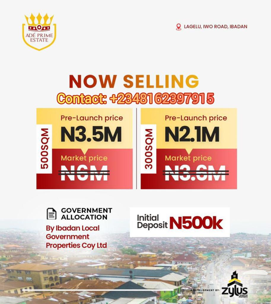 BengaProperties's tweet photo. *INTRODUCING ADÉ PRIME ESTATE, LAGELU IBADAN* 
    _*…Your doorway to Regal Living*_
Welcome to the jewel of smart living  *Adé Prime Estate* - where you enjoy the Royal treatment only you deserve in the vibrant city of Lagelu, Iwo Road Ibadan. 

_*. https://t.co/BsX7F4kWbq