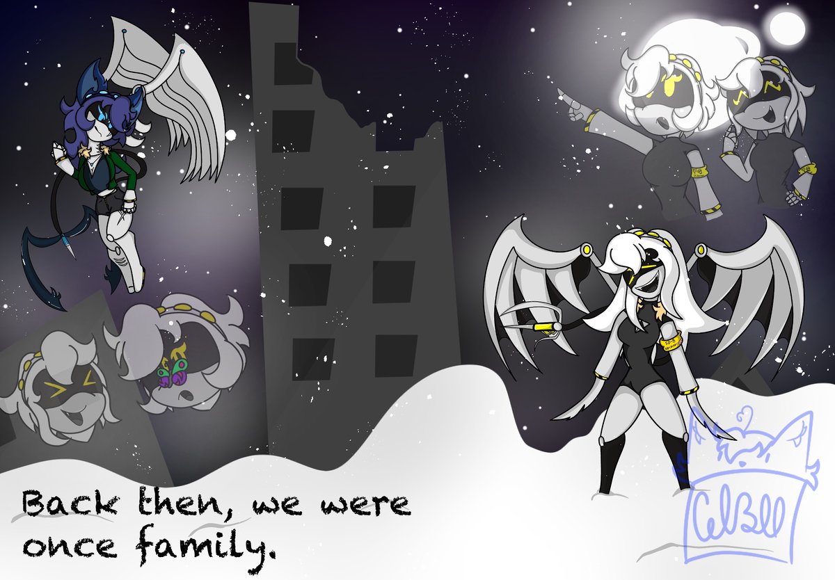Cel300main's tweet photo. Hi! Its been a while huh? Well I am in college and a assignment required a image or artpiece in order to do a six word story. Here, have some lore about my #MurderDrones :3 https://t.co/0lDmQNlwoY
