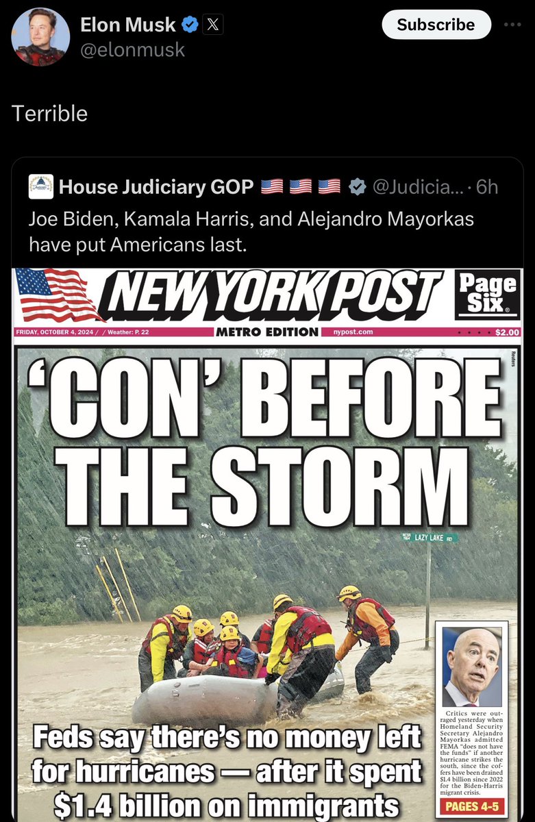 Just a total lie by the greatest amplifier of lies on the planet. He said if there is ANOTHER catastrophic storm FEMA won’t have full funding unless Congress authorizes more, which over 100 Republicans voted against last time. Nothing to do with migrants in any way.