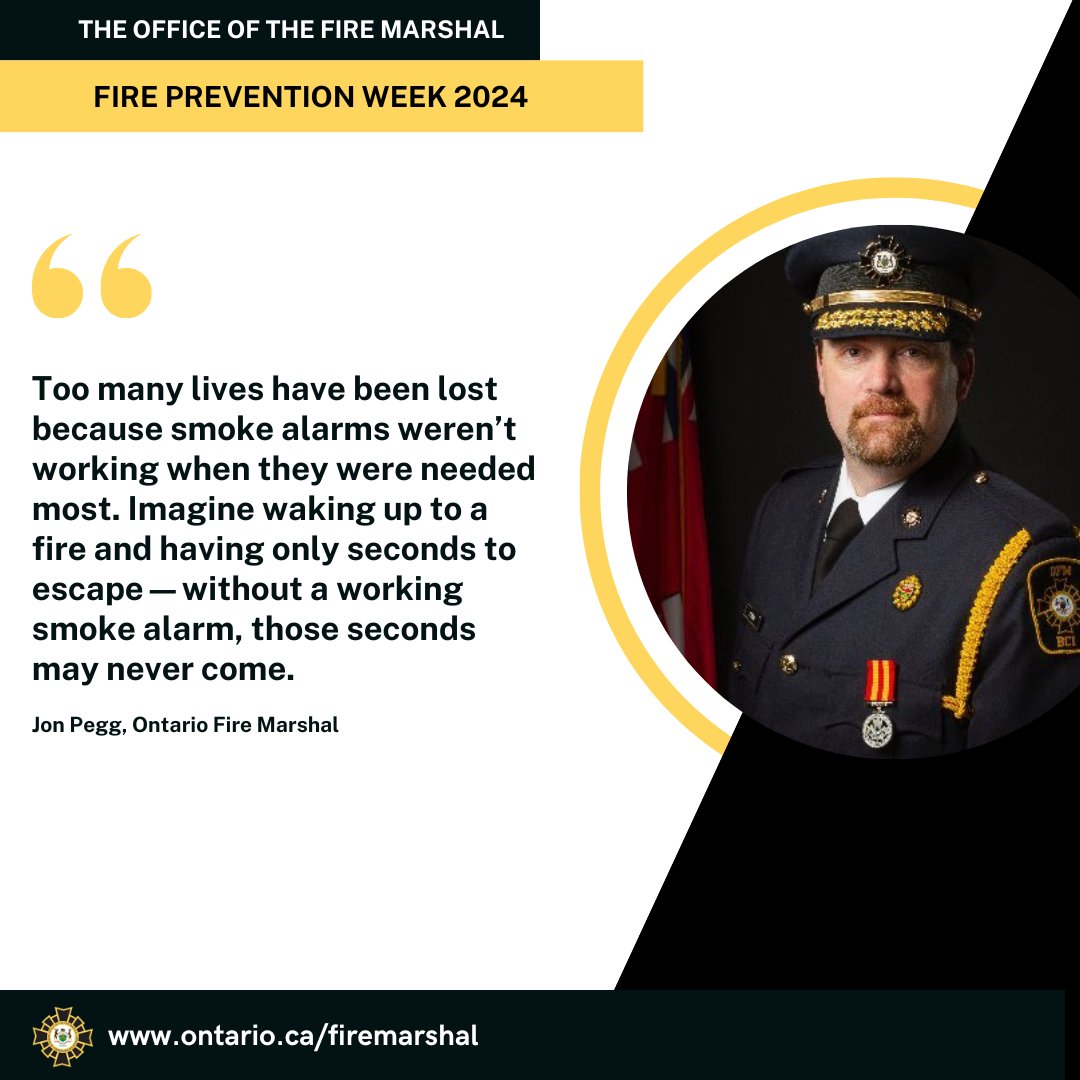 #FirePreventionWeek is almost here. This year's theme, "Smoke Alarms: Make Them Work for You!™," is a rallying cry for every household in Ontario. The grim reality is that most fatal fires occur in homes without working smoke alarms. 
News release: newswire.ca/news-releases/…