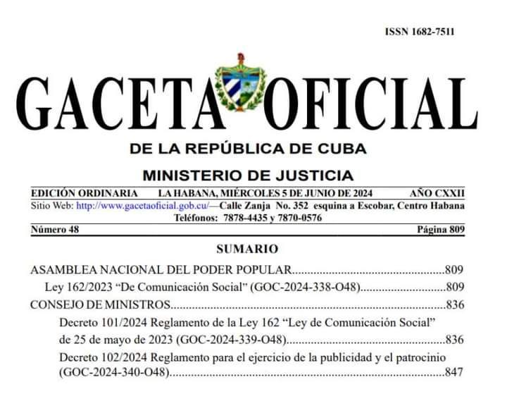 📢📃| Este 4 de octubre entra en vigor la Ley de Comunicación Social en #Cuba...

📝 La entrada en vigor de la Ley 162/2023 "De Comunicación Social" y sus disposiciones normativas complementarias no es un punto de llegada, sino de partida.