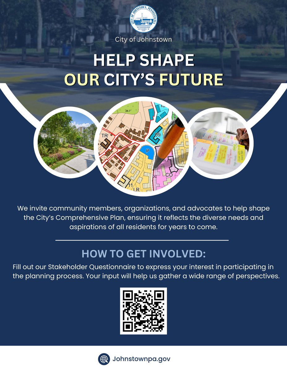 📣 Attention, Stakeholders + Community Advocates! COJ is starting a comprehensive planning process. Your input is vital! Please fill out our questionnaire to help shape our community’s future. Let’s create a vibrant and sustainable Johnstown together! 💙 #JohnstownPlanning