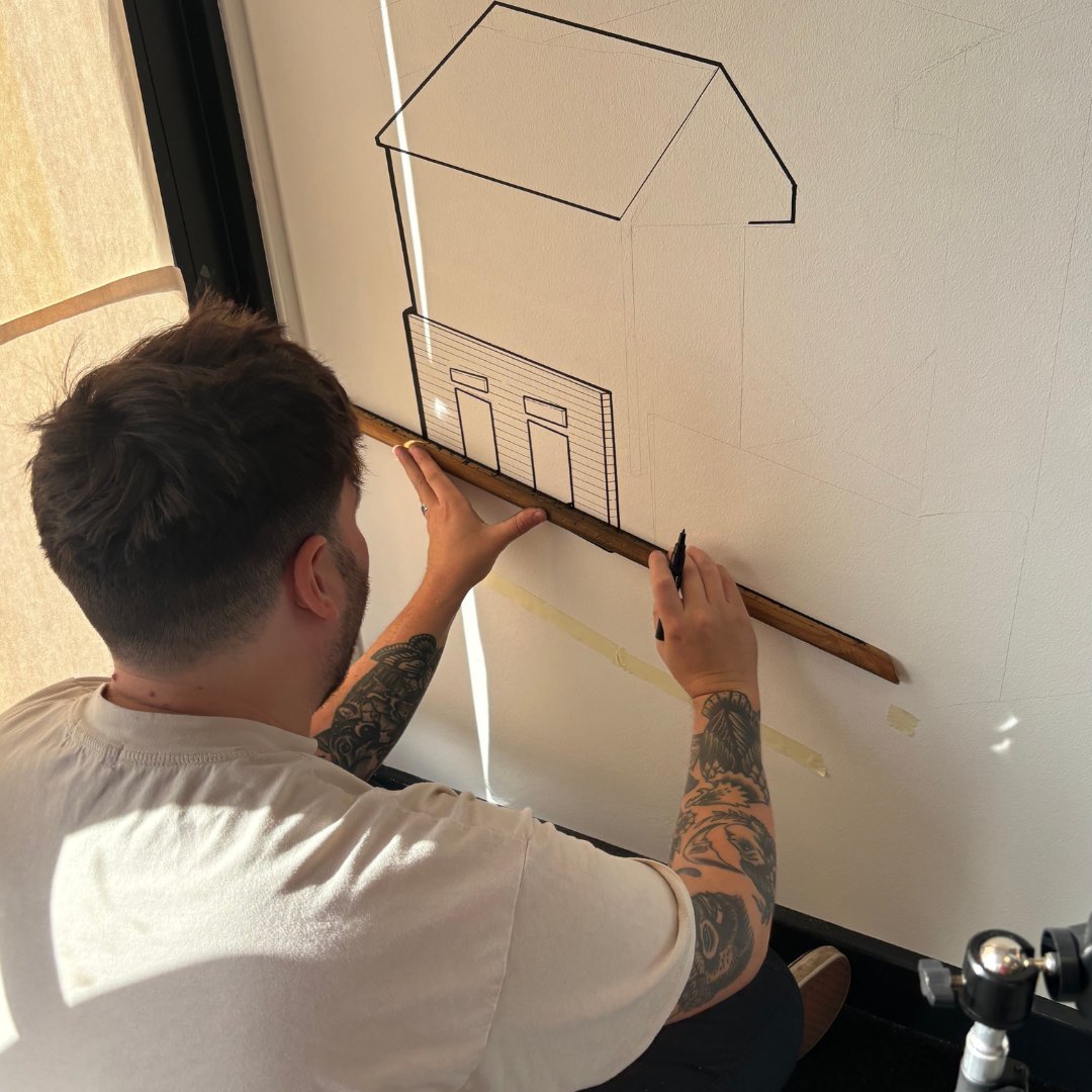 Great to have #AdamBriscoeArt begin our reception mural this morning! 🤝 Go give him a follow and check out his work! 

We can't wait to see the finished product 🤩