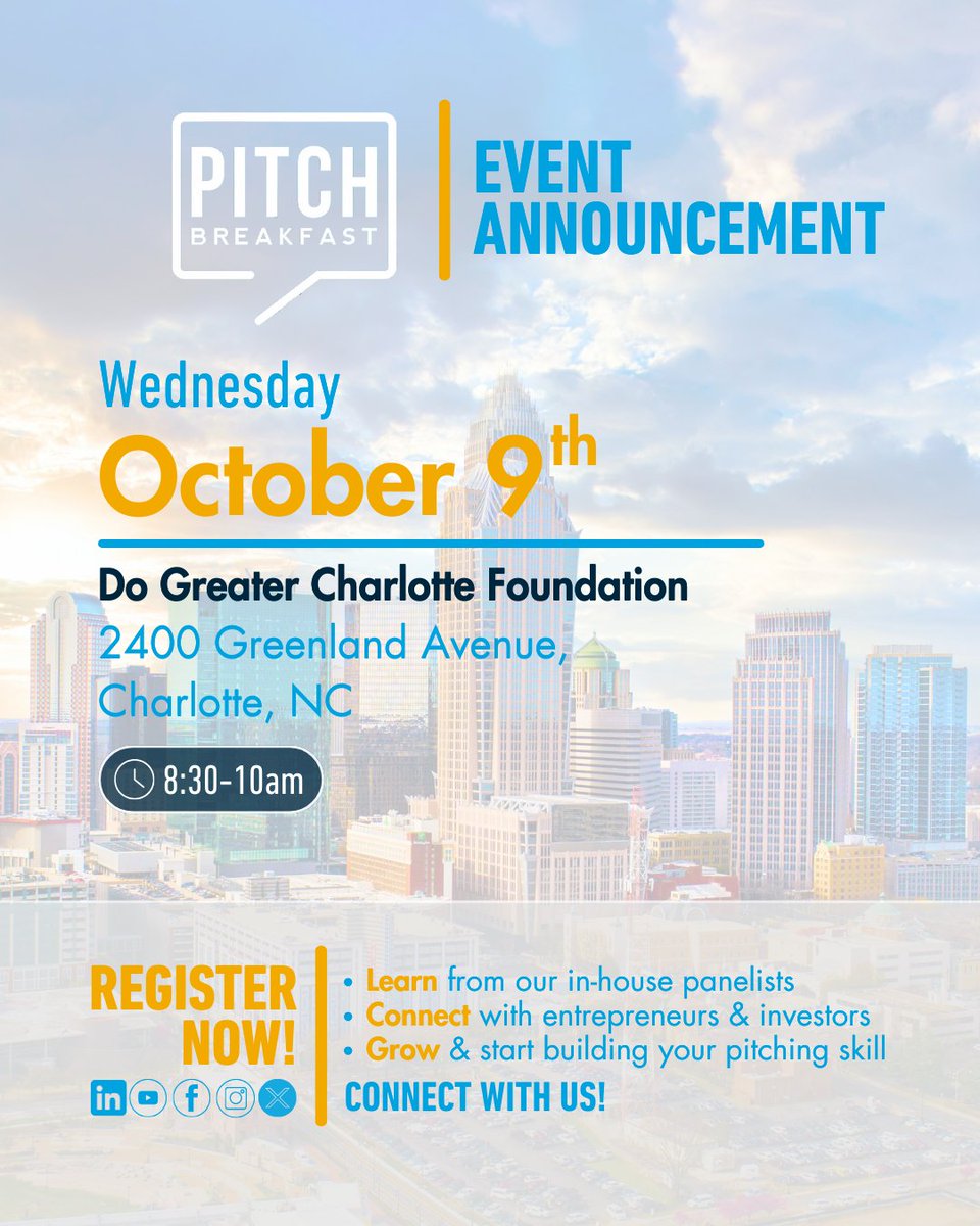 PitchBreakfast (@pitchbreakfast) on Twitter photo Calling All Entrepreneurs (And Community)!📣☕️☀️
Watch as founders pitch their businesses to our local investor panel for in-depth feedback!🌟
Get Inspired And Attend💡⤵️
Time: 8:30-10:00am☕️
Location: <a href="/dogreaterclt/">Do Greater Charlotte</a> (2400 Greenland Ave.)🏢
Register: pitchbreakfast.com🌐 Calling All Entrepreneurs (And Community)!📣☕️☀️
Watch as founders pitch their businesses to our local investor panel for in-depth feedback!🌟
Get Inspired And Attend💡⤵️
Time: 8:30-10:00am☕️
Location: <a href="/dogreaterclt/">Do Greater Charlotte</a> (2400 Greenland Ave.)🏢
Register: pitchbreakfast.com🌐