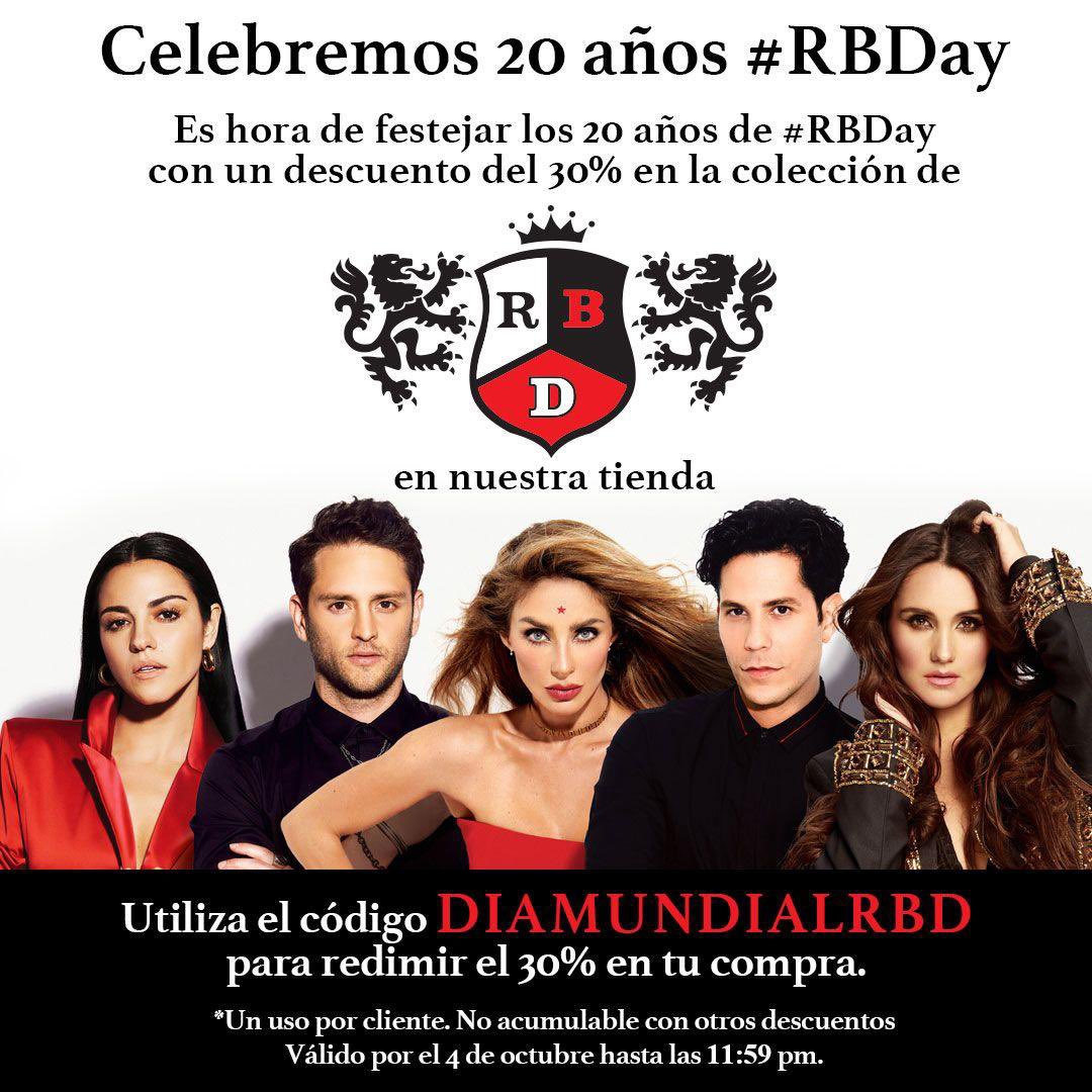 ¡El #RBDay lo celebramos por todo lo alto! 🥳🙂‍↕️❤️‍🔥 Te damos un 30% de dto en la colección de RBD en nuestra tienda. ¡Solo para verdaderos fans de #RBD! 🤩🥰✨

*Un uso por cliente
No acumulable con otros descuentos
Valido hasta el 4 de Octubre hasta las 11:59 pm

👉🏻