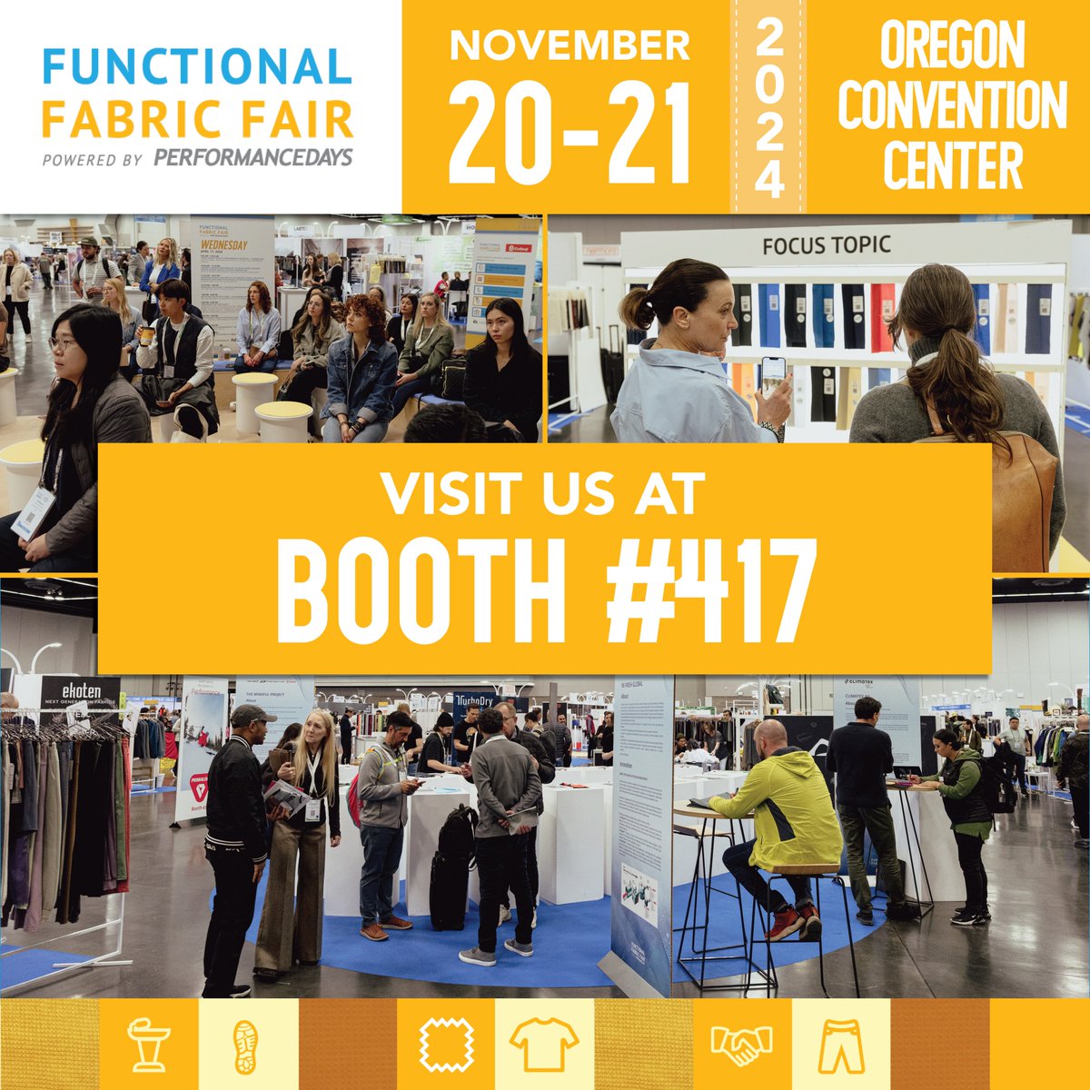 Visit us at the Functional Fabric Fair  and source a wide range of quality fabrics custom-designed for stretch, comfort, and performance. Let our textile experts solve your business-critical challenges. Discover our  enhanced treatments, finishes and world-class dye capabilities.