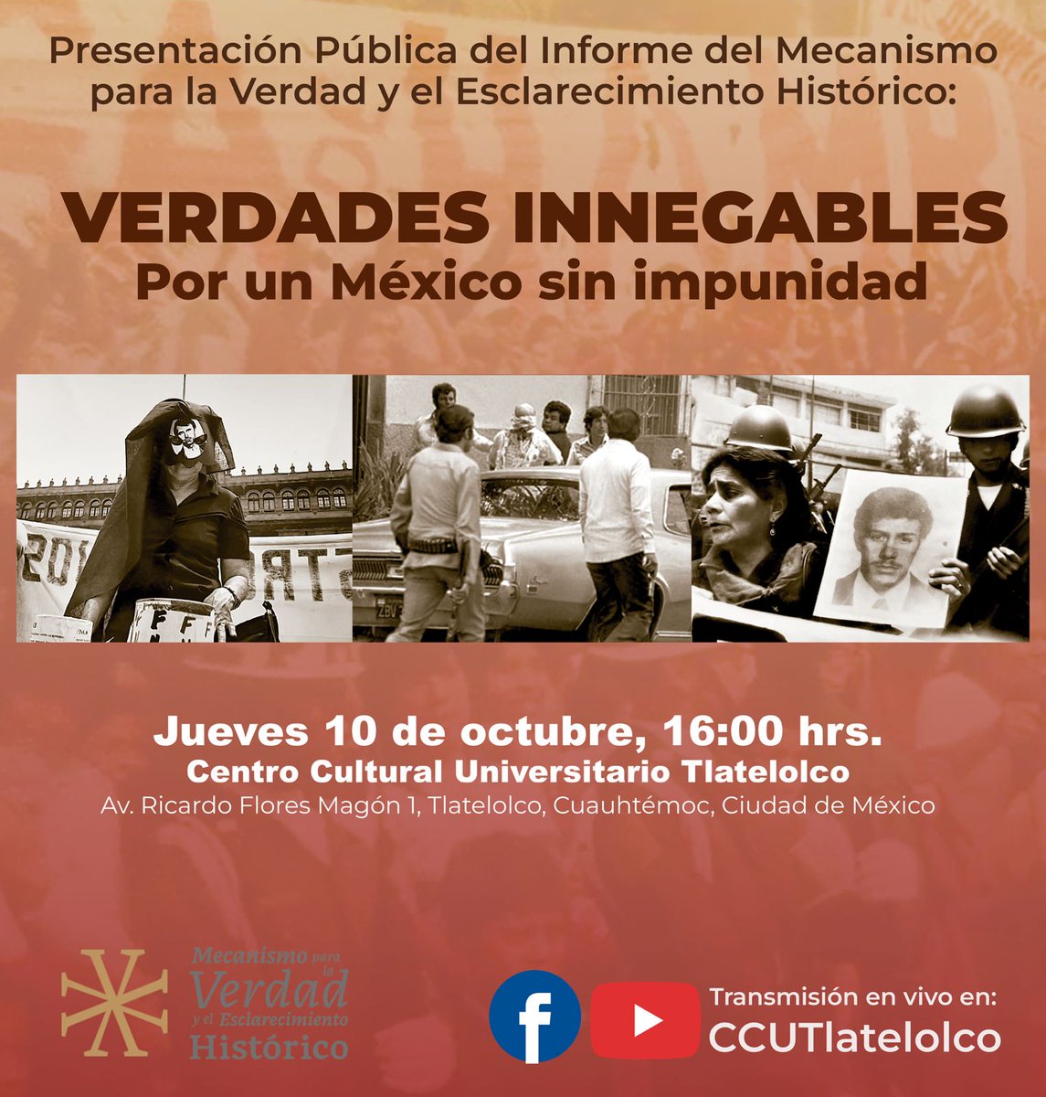 Con un enorme gusto les invitamos a la presentación del Informe final del Mecanismo de Esclarecimiento Histórico "Verdades innegables. Por un México sin impunidad", el próximo 10 de octubre a las 16 horas en el <a href="/ccutlatelolco/">CCU Tlatelolco</a> 
¡No falten!