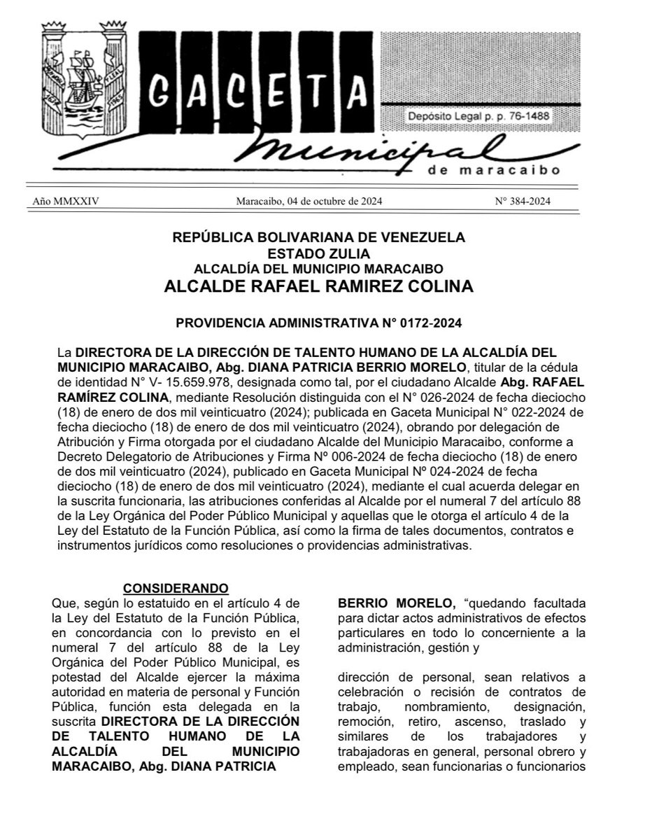 mcboalcaldia21's tweet photo. ATENCIÓN: 👇🏽

En Gaceta Oficial nombramiento de Vanessa Linares de Ramírez como directora general encargada de la Alcaldía de Maracaibo

N° de Gaceta:  384-2024 de fecha 4 de octubre de 2024. https://t.co/qHz6JGKPxZ