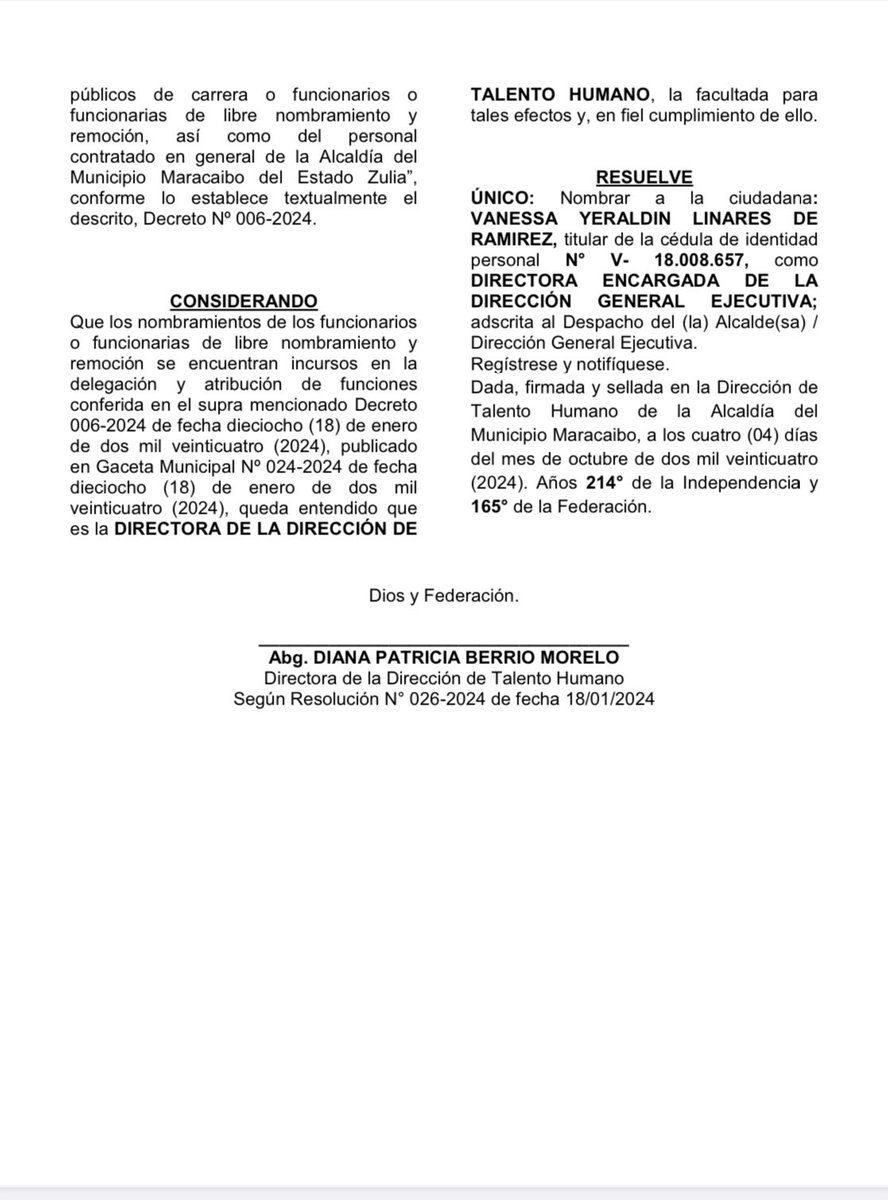mcboalcaldia21's tweet photo. ATENCIÓN: 👇🏽

En Gaceta Oficial nombramiento de Vanessa Linares de Ramírez como directora general encargada de la Alcaldía de Maracaibo

N° de Gaceta:  384-2024 de fecha 4 de octubre de 2024. https://t.co/qHz6JGKPxZ