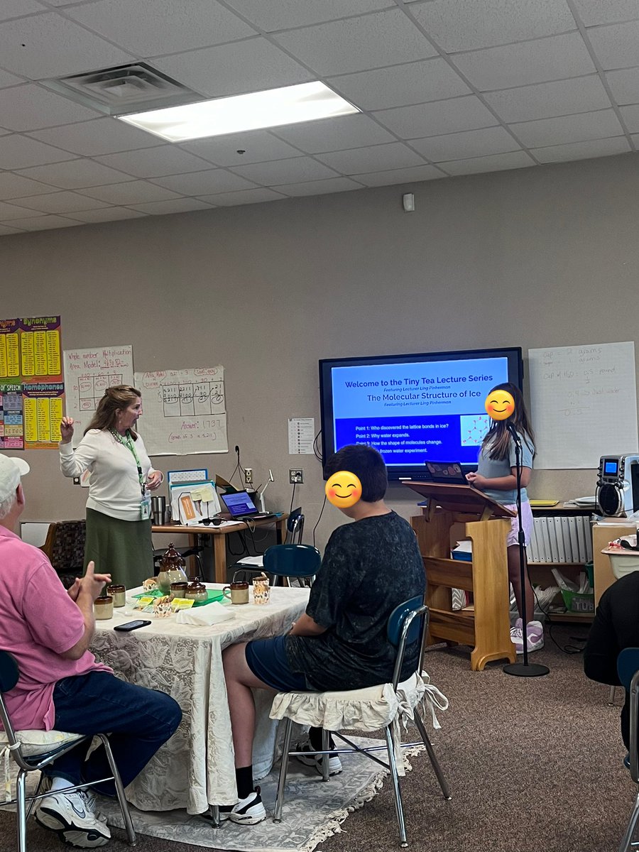 Exciting learning happening in Ms. Craven's class! Today started the Tiny Tea Lecture Series, with a student presenting on The Molecular Structure of Ice. She welcomed family, staff, and classmates! So impressed with her research and presentation skills! 👏 <a href="/TurnerCreekES/">Turner Creek Elementary</a> <a href="/WCPSS/">Wake County Public School System</a>
