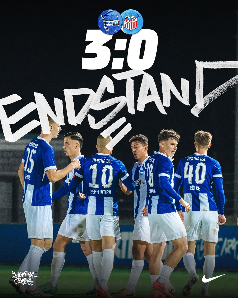 HerthaBubis's tweet photo. 90': HEIMSIEG! 💪😍 Wir halten dem Druck des Gegners stand und gewinnen das Spiel durch Tore von Änis #BenHatira, Dominik #Schickersinsky und Pepe #PereiraMendes.
#BSCFSV #BSCU23 | 3:0 | #HaHoHe https://t.co/i5iVp9zrgZ