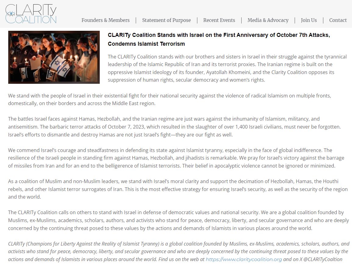 Our statement on Oct 7th and the ongoing attacks on Israel from Islamist terrorists.

Please read below or visit our website: claritycoalition.org/clarity-coalit…