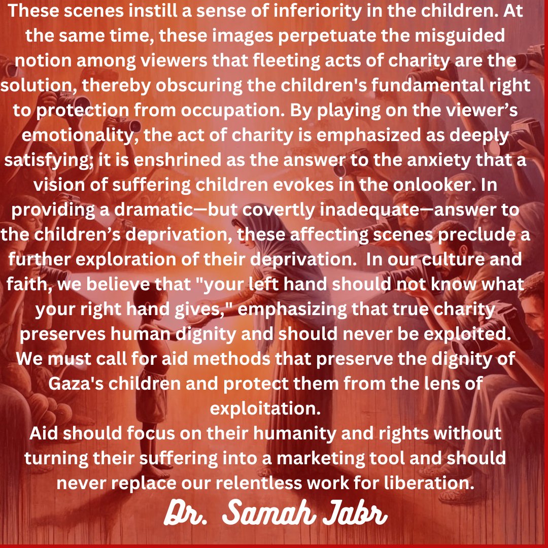 DrSamahJabr's tweet photo. "A Humiliating Charity: How Scenes of Aid Distribution Violate the Dignity of Gaza's Children"
Dr. Samah Jabr
#GoFundMe https://t.co/qv4XrSB1U6