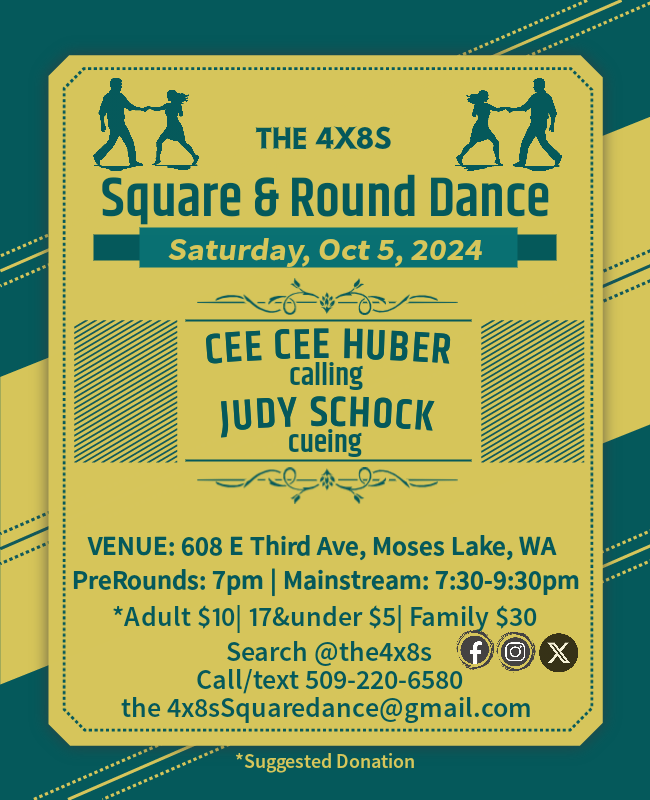 The4x8s's tweet image. Come dance this Sat, 10/5/24 with The 4x8s! 
Cee Cee Huber calling and
Judy Schock cueing
608 E Third Ave, Moses Lake, WA 
 #the4x8s #rounddancing #rounddance #squaredancing #mainstreamsquaredance #dance #dancing #squaredance #mainstreamsquaredancing