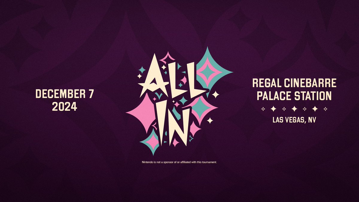 Welcome to ✨ALL IN✨
Our very first one-day regional presented to you by Las Vegas Smash Ultimate &amp; Melee! Hosted at the Regal Cinebarre on December 7th, 2024.

Register TODAY ↓↓
start.gg/tournament/All…