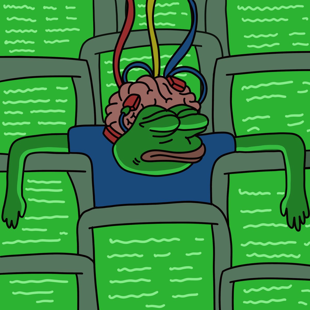 pepe_unchained's tweet photo. Pepe is gathering his power from the beautiful glowing green computer screens.

All of the world's knowledge, culminating in the launch of his L2. https://t.co/f6pVnY6cLv