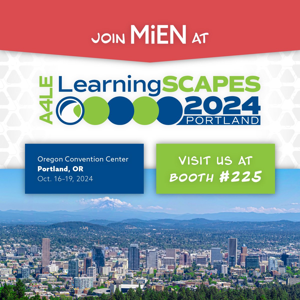 miencompany's tweet photo. 📅 Mark your calendars on October 16 - 19 and stop by booth 225 at A4LE LearningScapes in Portland! 📅
#MiEN #LearningScapes #A4LE https://t.co/x7jSO1tB5x