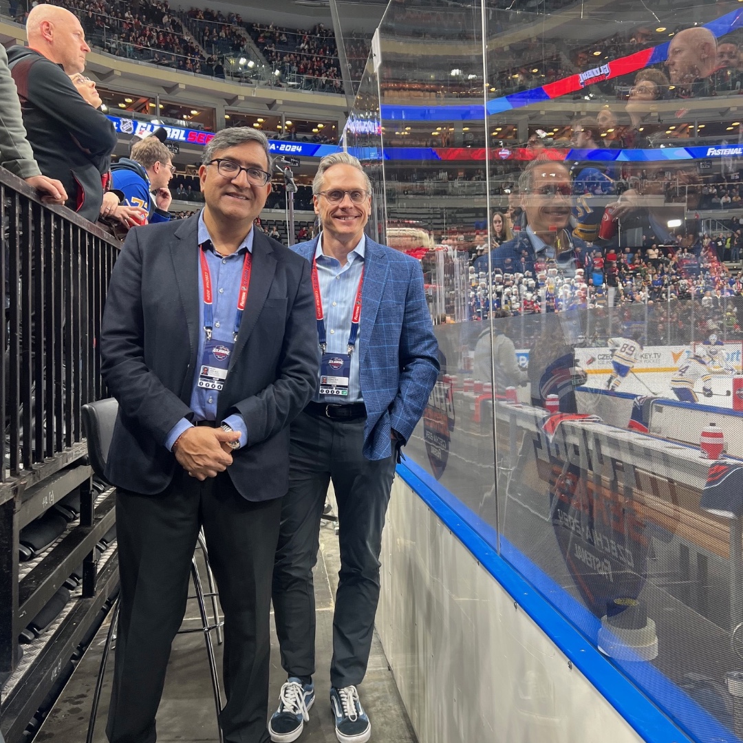UBMDOrtho's tweet photo. Dr. Jain and Dr. Bernas, bringing the Buffalo spirit to Europe for the Sabres game vs. the New Jersey Devils! Let's go, Sabres! 🥅💙 #teamdocs #buffalosabres #letsgobuffalo https://t.co/qMmqOdg0Np