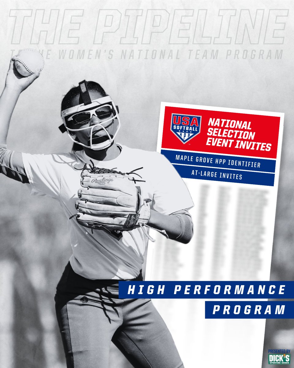 USASoftball's tweet image. The list is 𝐅𝐈𝐍𝐀𝐋 🤩

➕ At-Large invites
➕ Region 8 #HPP Identifier invites

View the 𝗳𝘂𝗹𝗹 𝗹𝗶𝘀𝘁 of athletes selected to attend the 2024 National Selection Event, 𝘱𝘳𝘦𝘴𝘦𝘯𝘵𝘦𝘥 𝘣𝘺 @DICKS → go.usasoftball.com/hpp