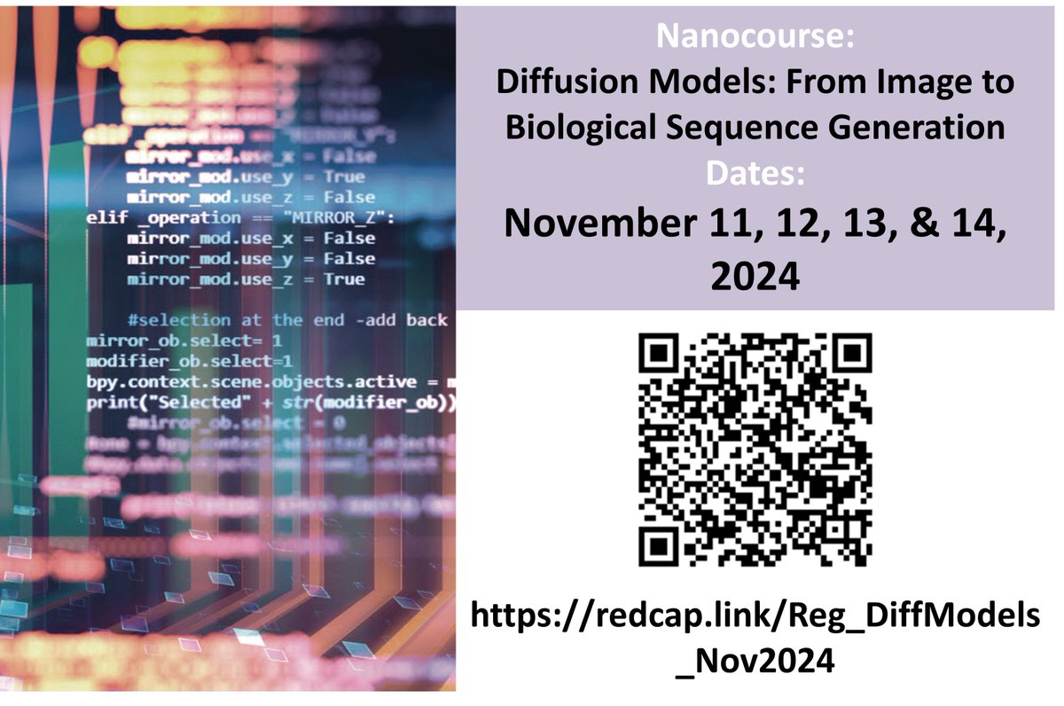 LHBioinf_UTSW's tweet image. The #Registration for our #DiffusionModels #nanocourse ends on Monday, 10/7. 
redcap.link/Reg_DiffModels…
Did you know you could apply the same models to generate #DNAsequences &amp;amp; #ImageGeneration? Come find out how!
#DeepLearning #PyTorch #Bioinformatics #MachineLearning
