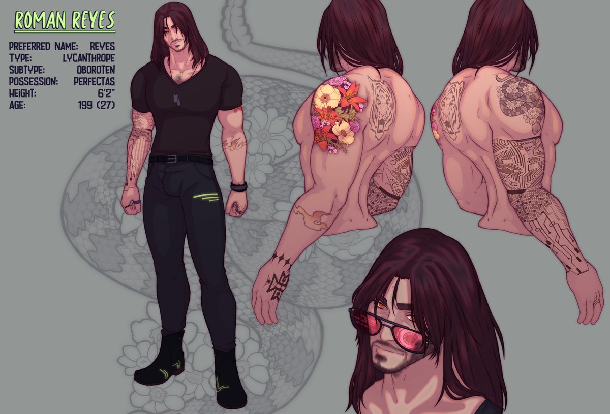 Reyes is a real boy now!

Meaning I finally made some legit tattoos for him instead of using shitty placeholders. Oh no, I have to draw this man a whole bunch in prep for a bigger project I'm planning, woe is me.